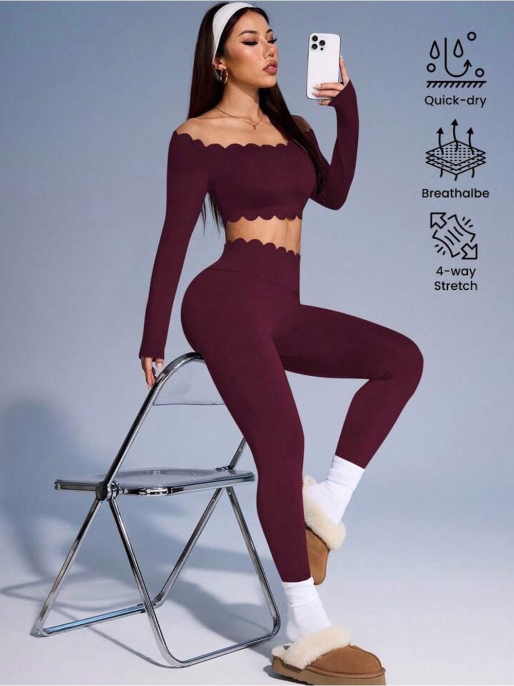 SHEIN Seamless Scalloped Off-Shoulder Leggings Set - Burgundy